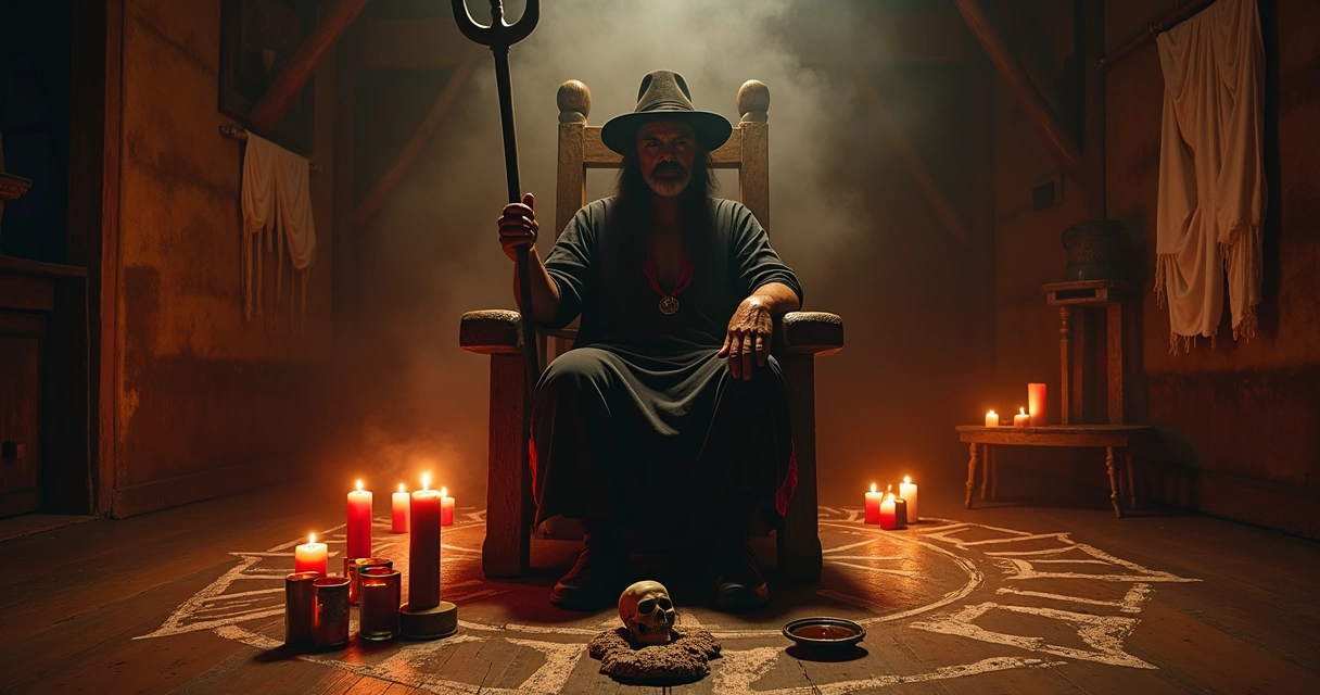 Exu Tata Caveira em terreiro de Umbanda com velas e caveiras