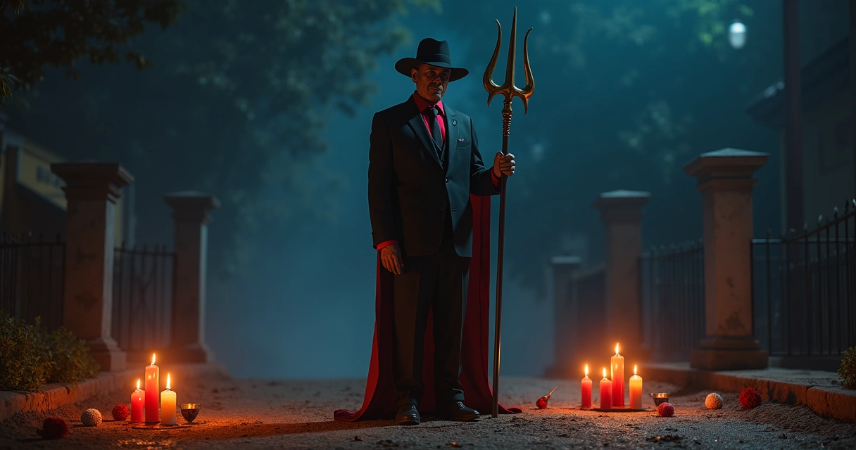 Exu Tranca Rua em uma encruzilhada com velas vermelhas e pretas acesas