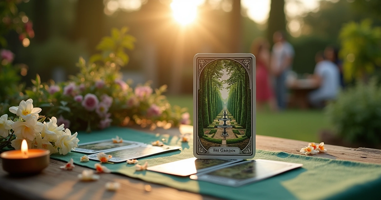 Carta Jardim do Baralho Cigano sobre a mesa com flores e pessoas ao fundo