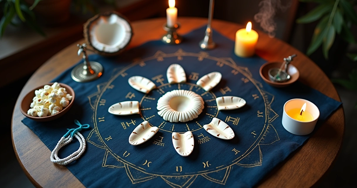 Tabuleiro de jogo de búzios com conchas abertas, símbolos de odus e velas acesas em ambiente ritual