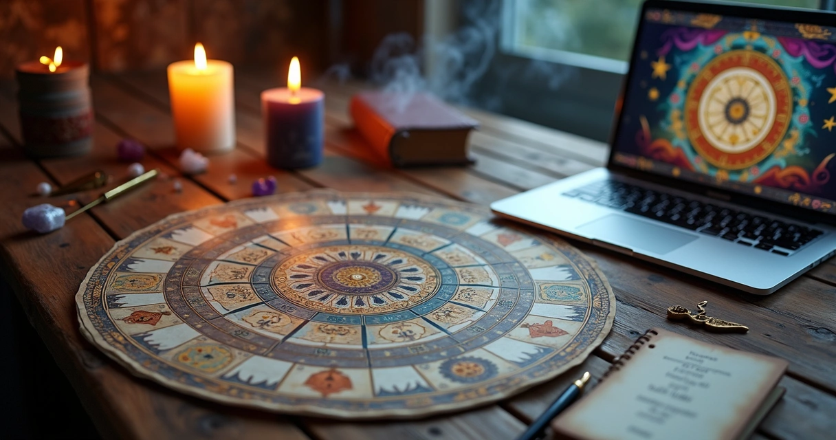 Mesa com mapa astral cigano, cartas do baralho cigano e computador aberto em site esotérico