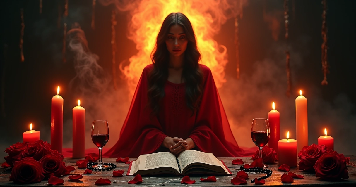 Maria Padilha em altar com velas vermelhas e rosas durante oração