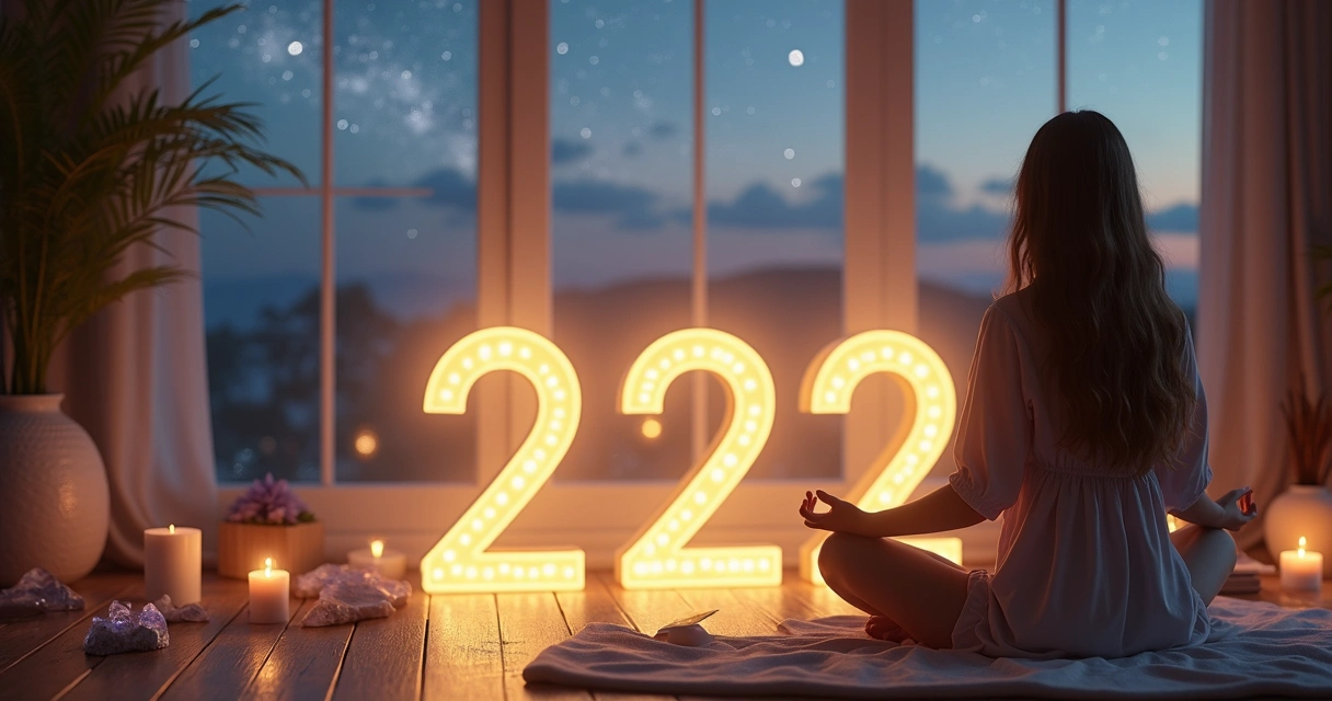 Número 2222 brilhando em cenário espiritual com mulher meditando