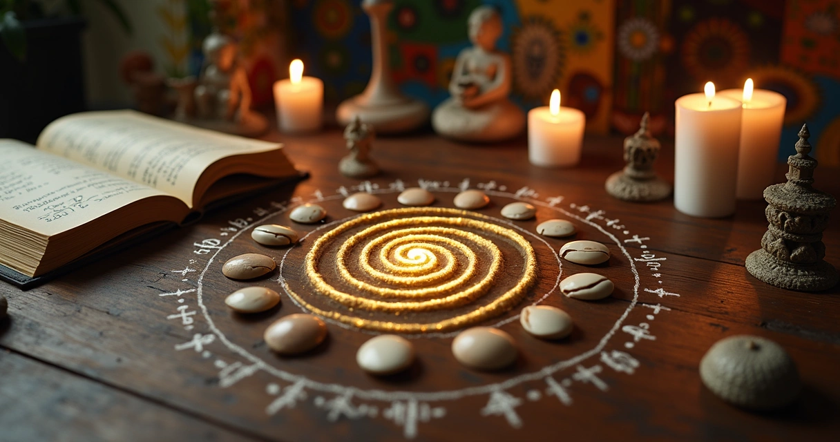 Mesa com símbolos de orixás, búzios e números espirituais em destaque