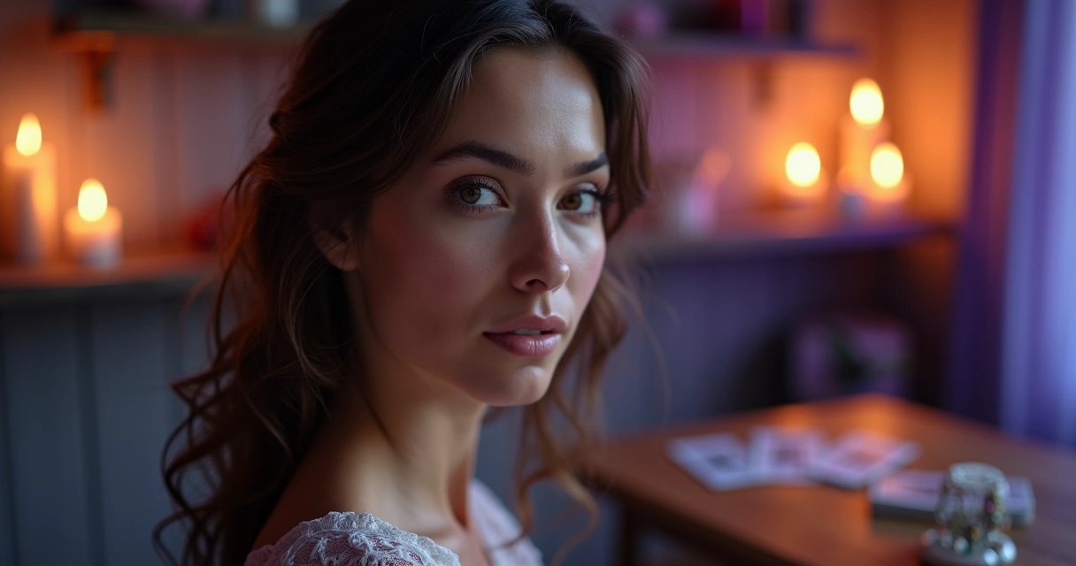 Mulher com olho esquerdo tremendo em ambiente místico com luz suave e símbolos espirituais ao fundo