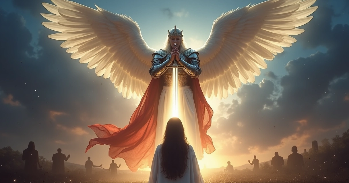 Anjo de luz com espada erguida protegendo mulher em oração