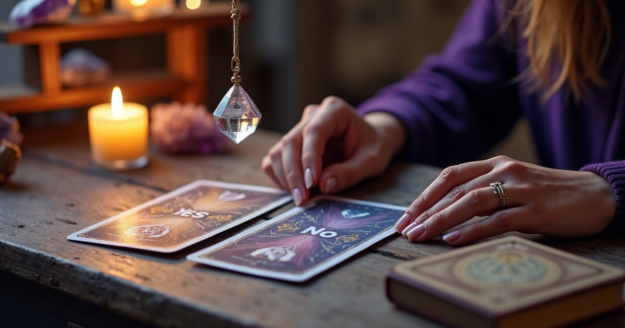 Mesa com tarô e pêndulo usados em oráculo sim ou não