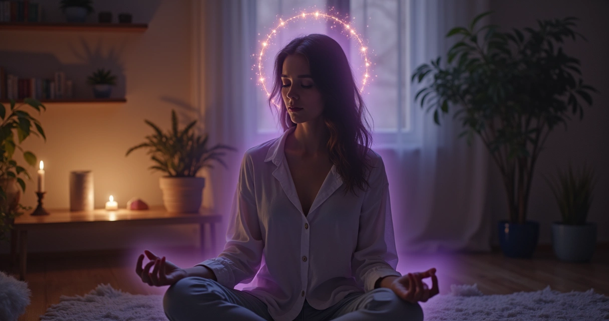 Mulher de olhos fechados em posição de meditação com luz espiritual ao redor