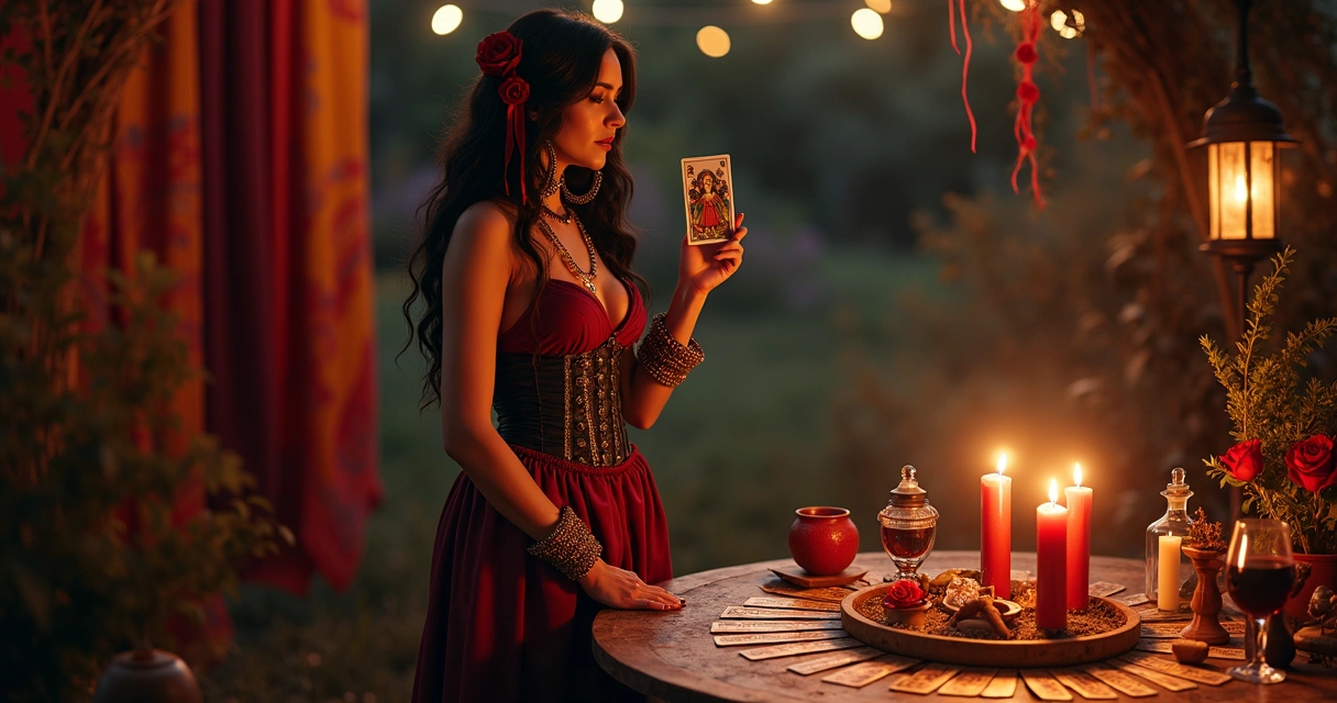 Representação de Pomba Gira Cigana em altar com velas vermelhas e cartas de tarot