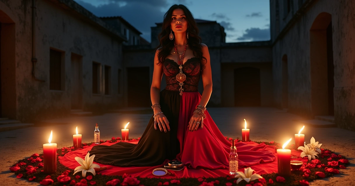 Pomba Gira Dama da Noite em ritual noturno com velas vermelhas e flores