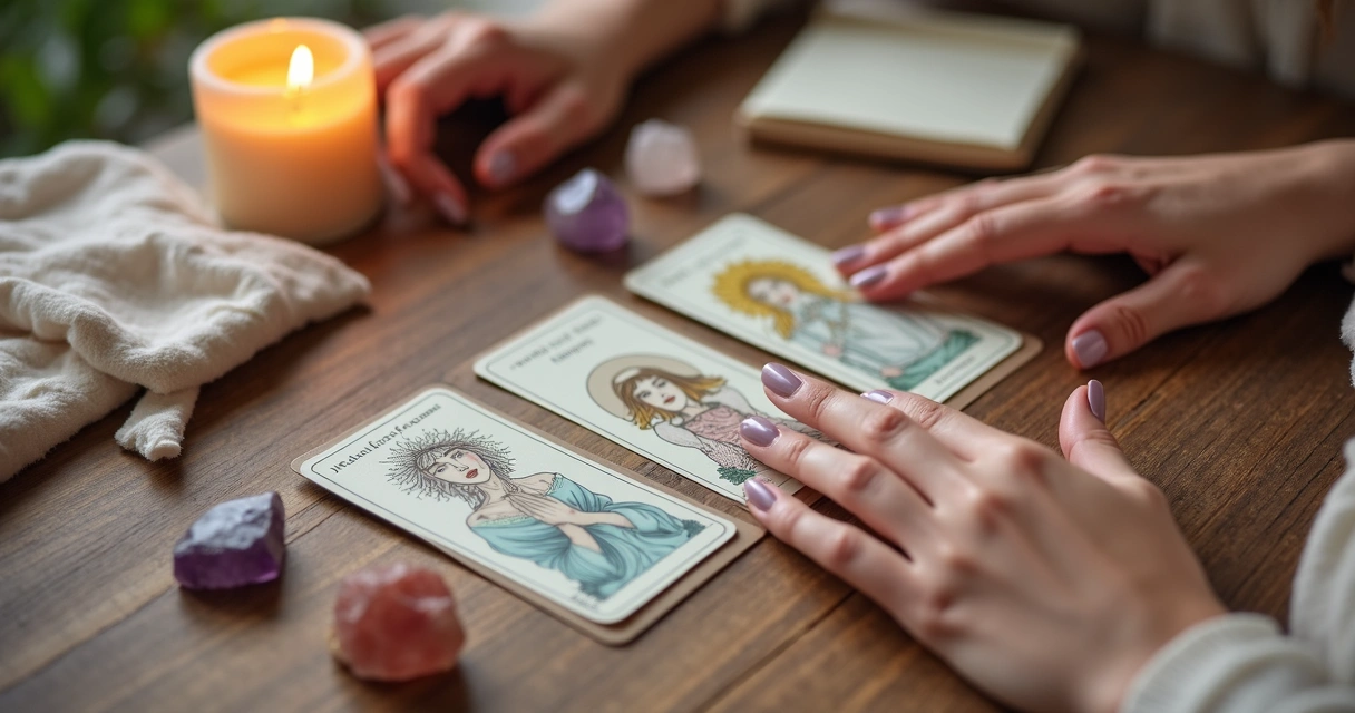 Mesa com três cartas de tarot alinhadas representando passado presente e futuro para equilíbrio emocional