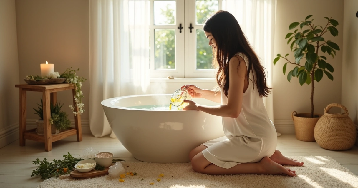 Mulher prepara banho energético com ervas para mudança de casa