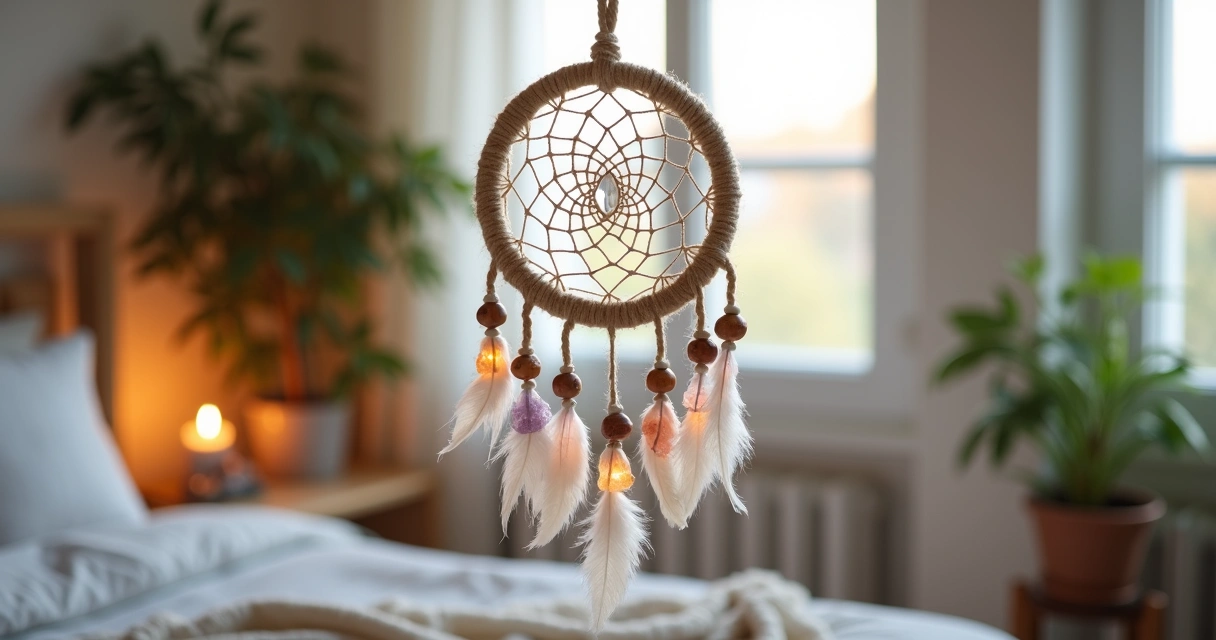 Filtro dos sonhos artesanal com cristais naturais pendurado em ambiente sereno