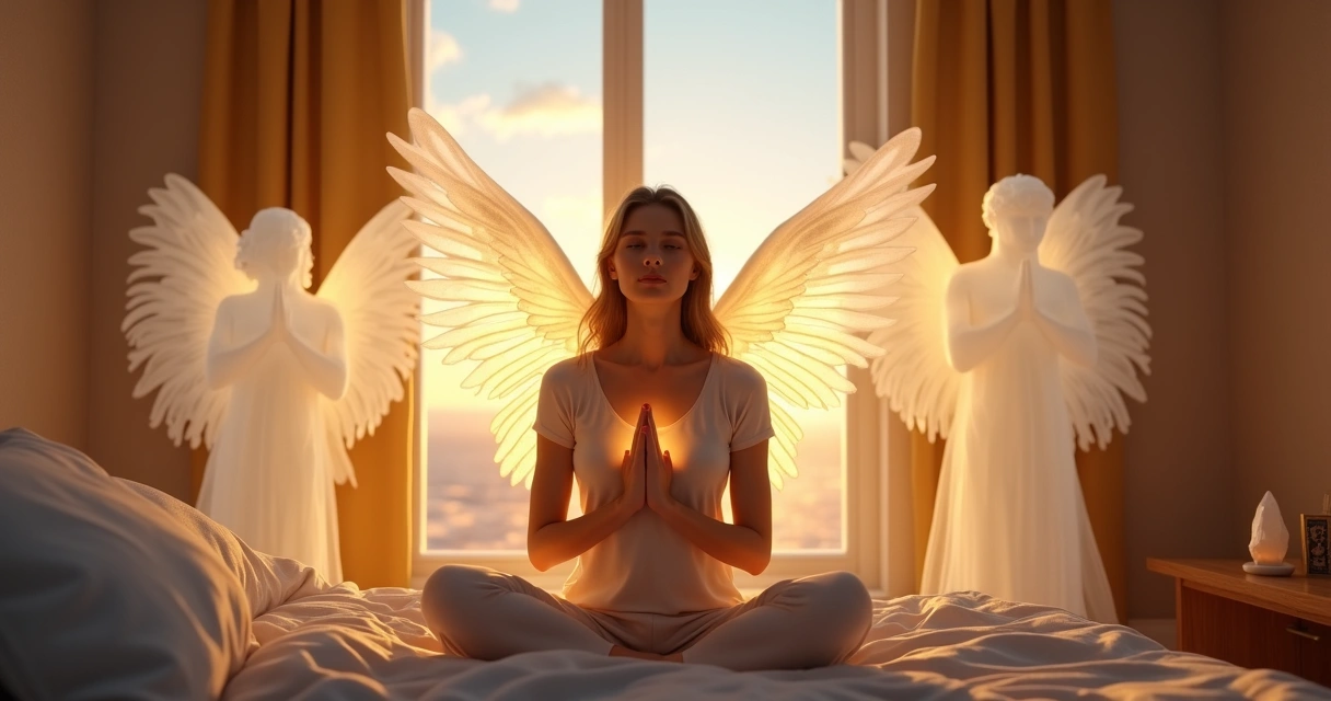 Mulher meditando ao amanhecer recebendo luz de arcanjos