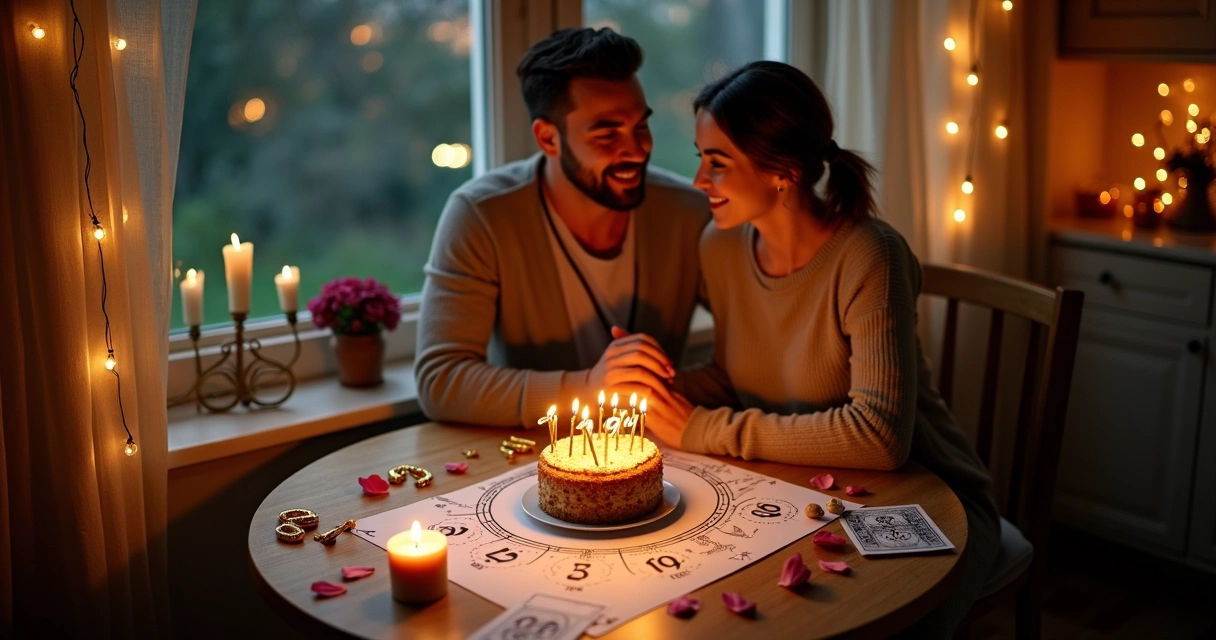 Casal comemorando aniversário de namoro com velas e números de numerologia sobre a mesa