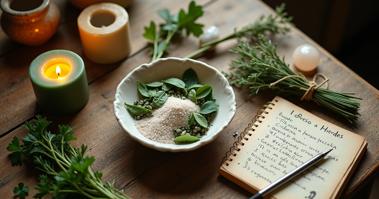 Mesa com ervas de cozinha em ritual para atrair sorte