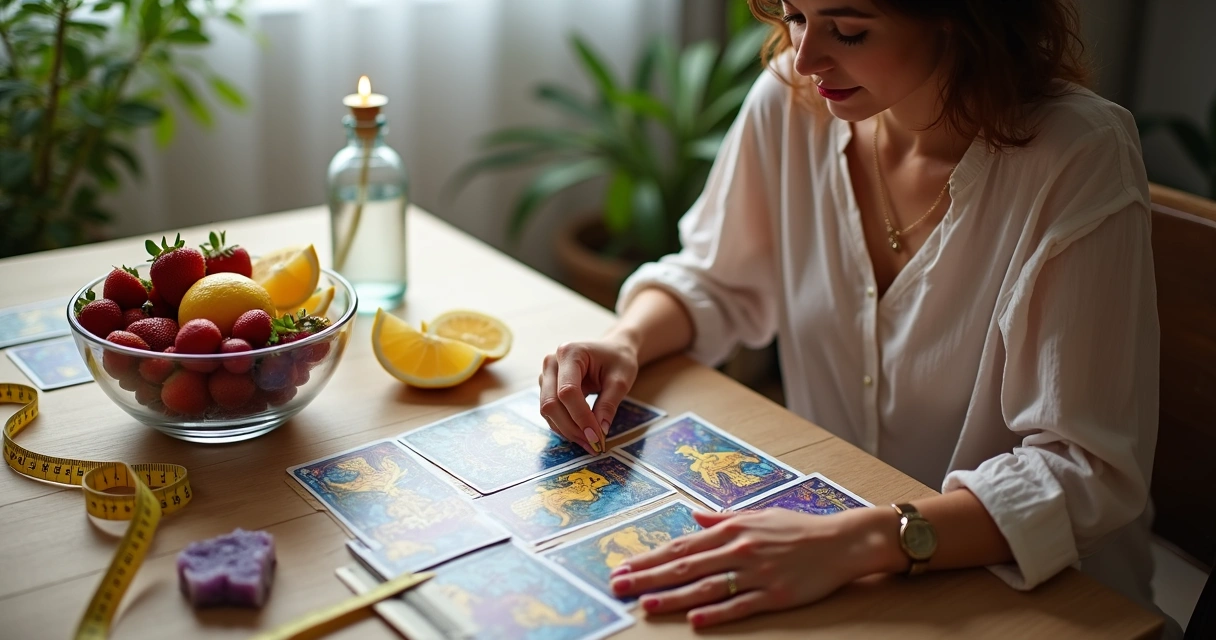Mulher consultando cartas de tarot sobre mesa com frutas e fita métrica