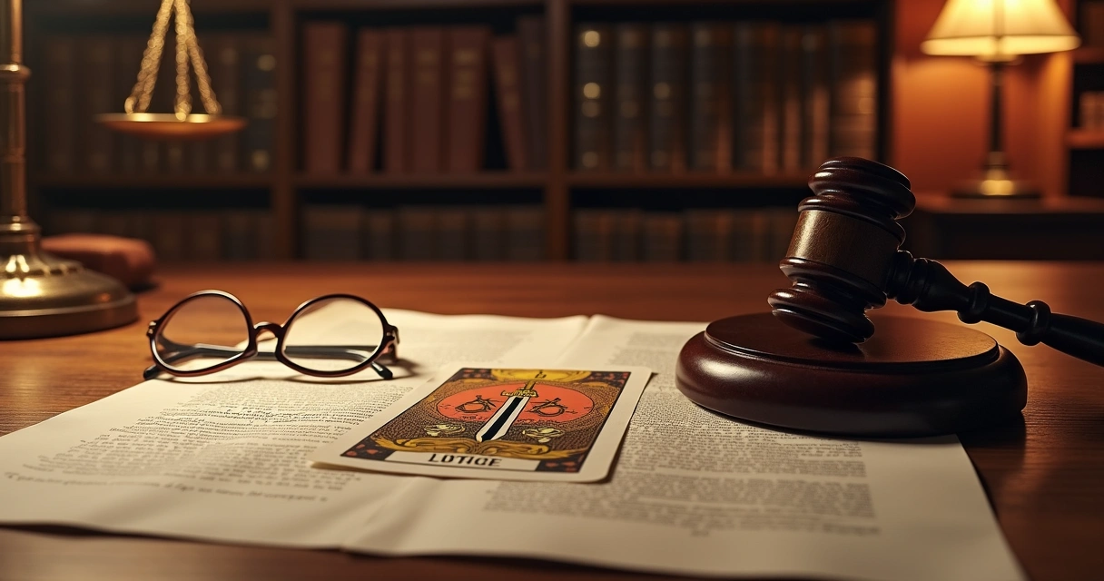 Mesa com cartas de tarô ao lado de martelo de juiz e documentos jurídicos