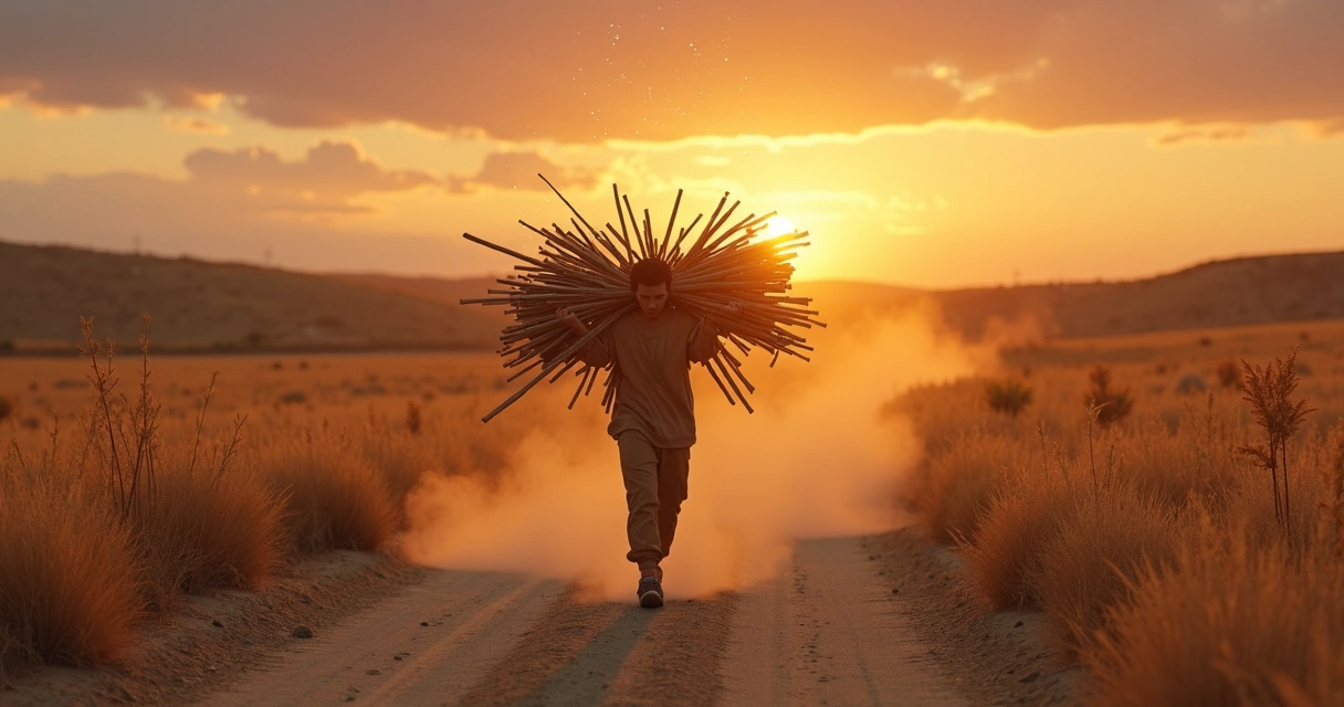 Pessoa caminhando ao pôr do sol carregando feixes de paus em cenário de tarot