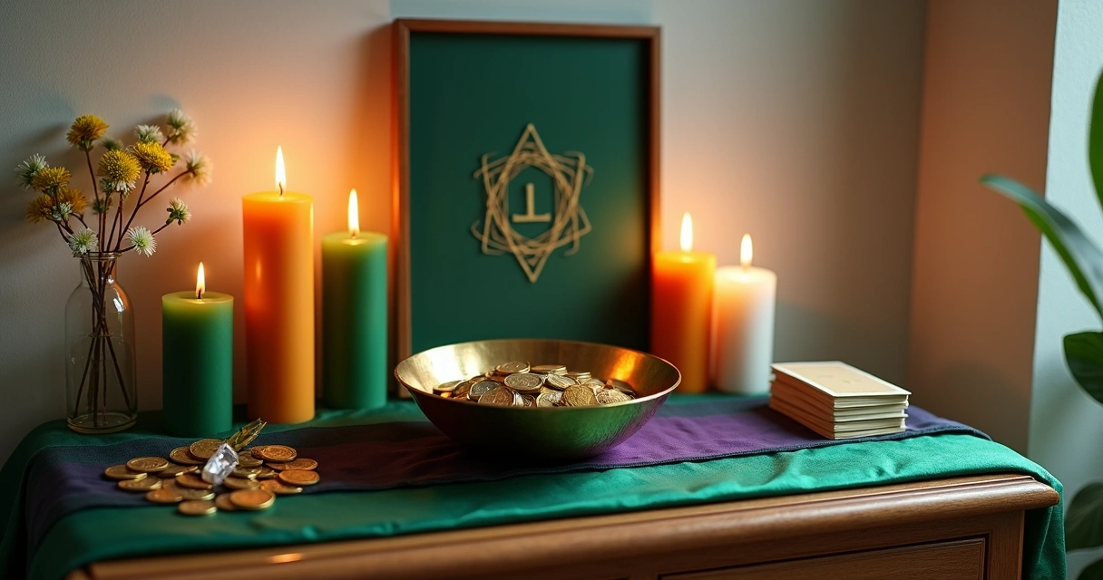 Altar com velas coloridas e objetos dourados para prosperidade