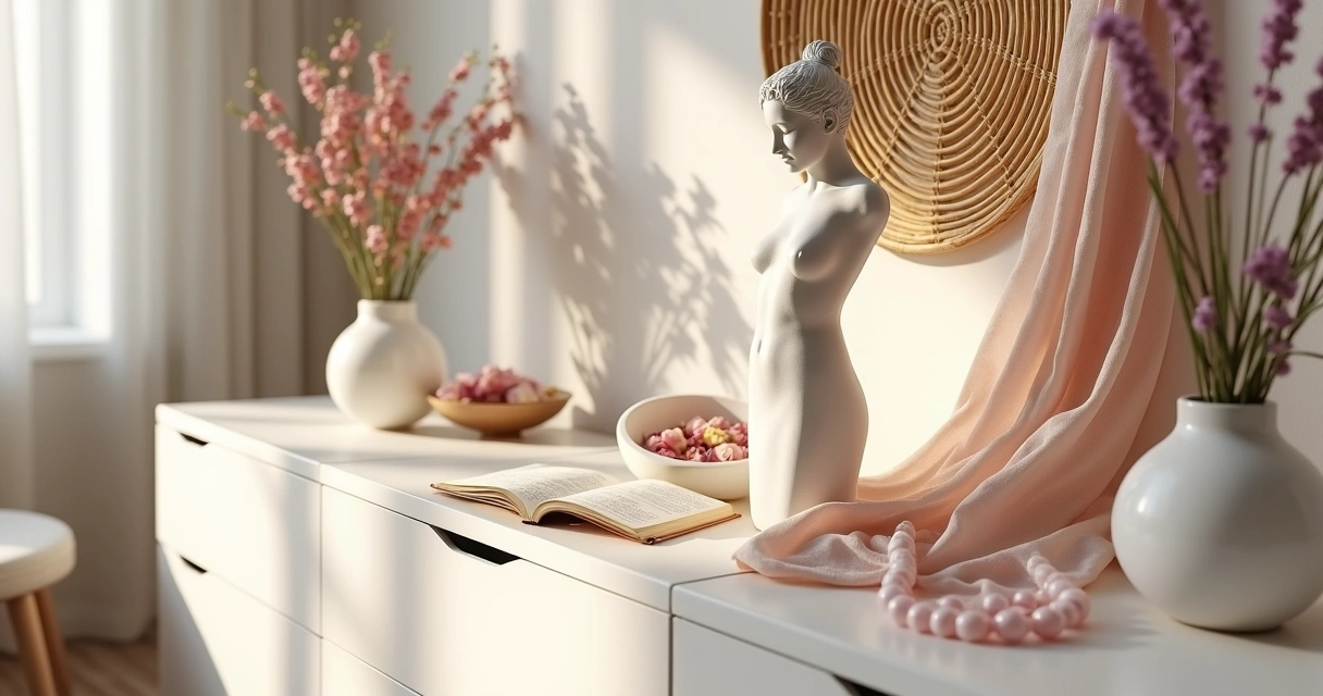Altar feminino com estátua divina e flores em sala clara