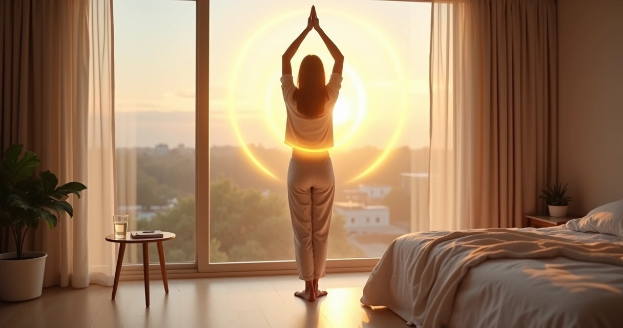 Mulher alongando ao amanhecer em frente a janela com luz dourada e aura protetora