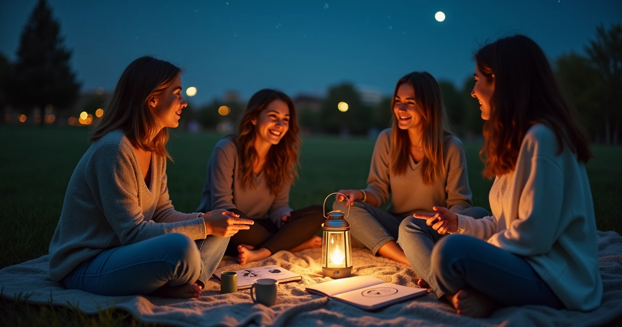 Grupo de amigas em roda sob o céu de lua nova em parque iluminado por velas