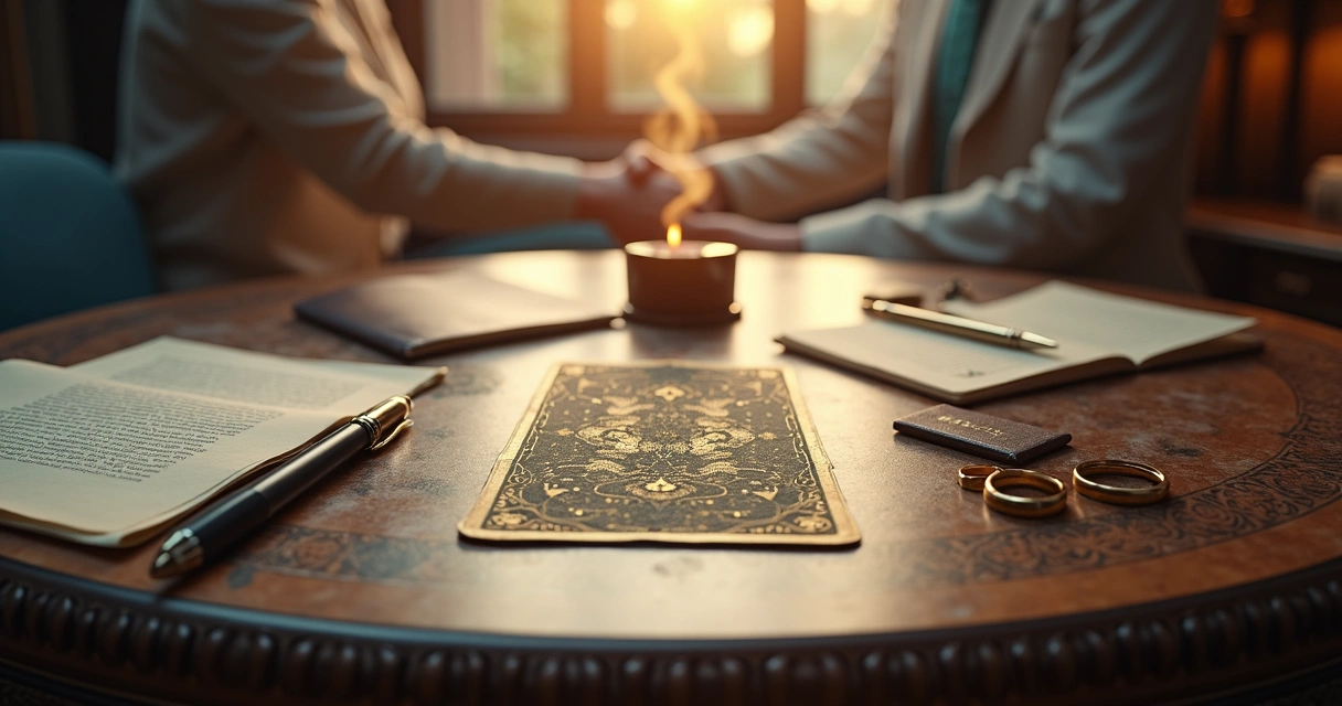 Carta O Anel do baralho cigano com duas mãos aproximando as alianças em cenário místico