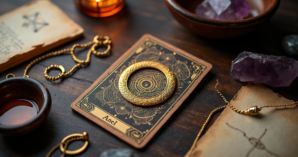 Carta do Anel do Baralho Cigano ao lado de carta sem rosto em mesa mística