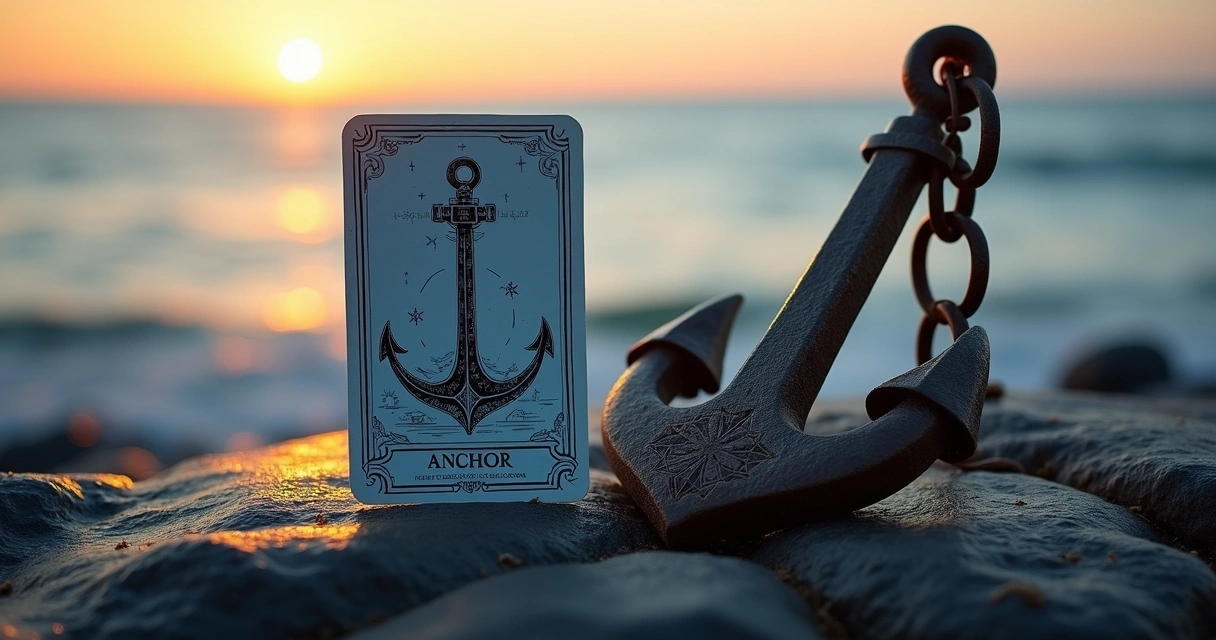 Carta Âncora do baralho cigano apoiada em pedra diante do mar ao entardecer