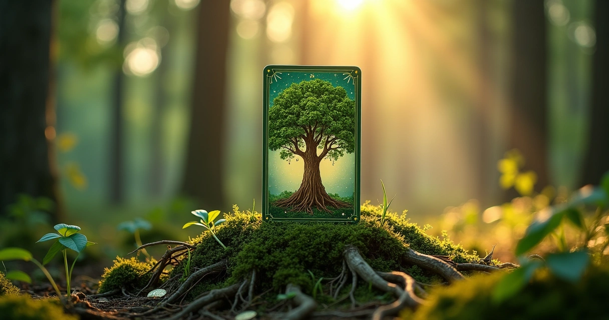 Carta Árvore do baralho cigano em cenário de floresta iluminada