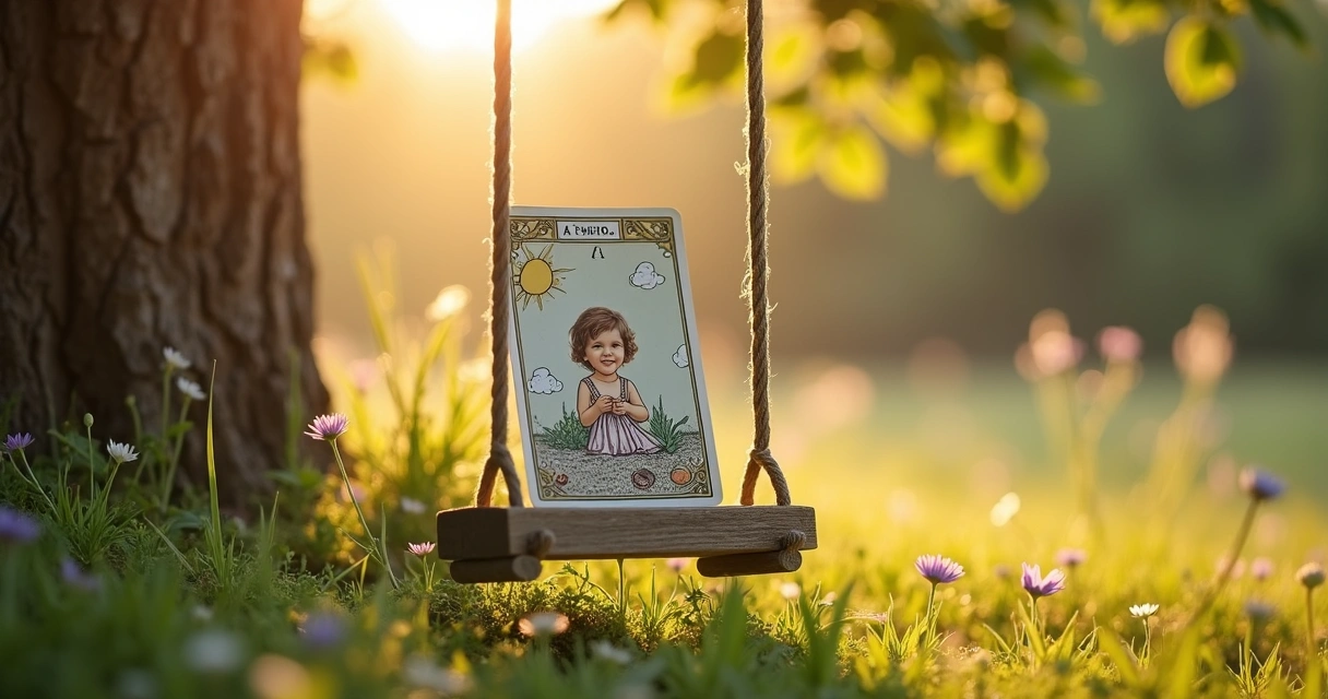 Carta A Criança do baralho cigano apoiada em balanço de madeira em jardim ensolarado