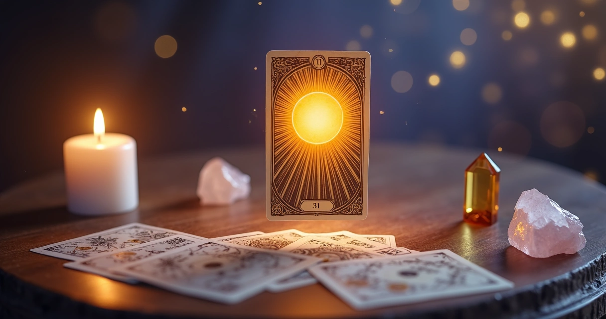 Carta O Sol do baralho cigano em destaque em cenário místico com luz dourada