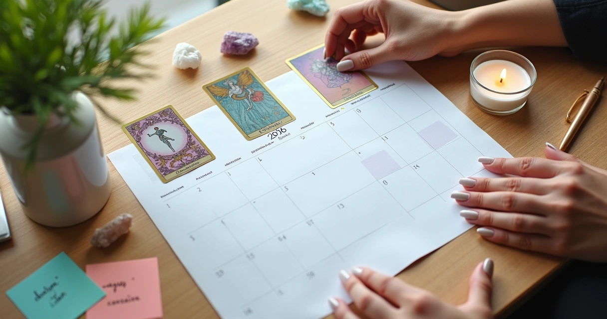 Mãos femininas organizando cartas e calendário trimestral para planejar o ano
