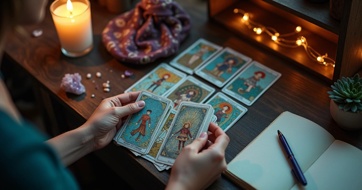 Consultora embaralhando baralho cigano em mesa decorada com elementos místicos