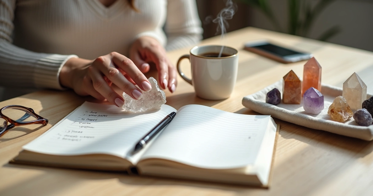 Mão feminina segurando cristal sobre caderno com listas e caneca de café
