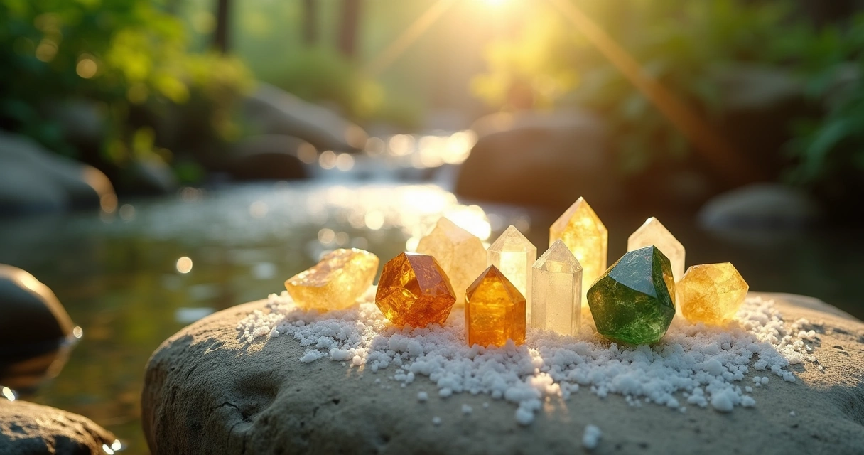 Cristais de prosperidade coloridos sendo recarregados ao sol sobre pedras claras