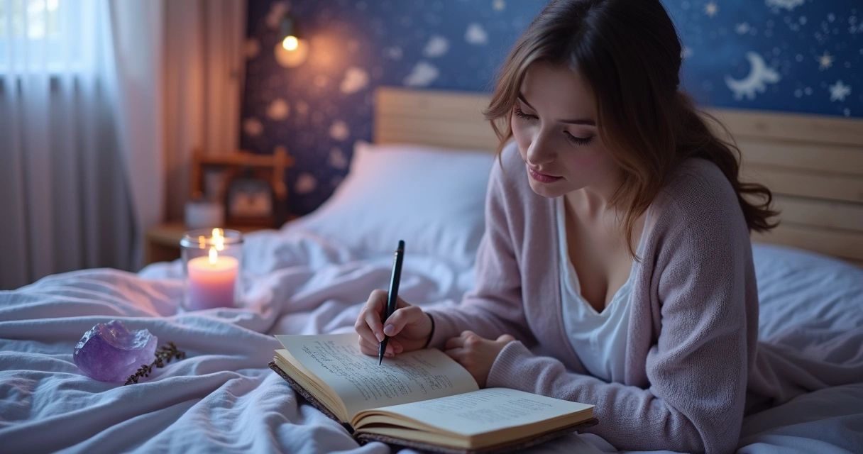 Mulher escrevendo diário de sonhos iluminado por luz suave com símbolos místicos ao fundo