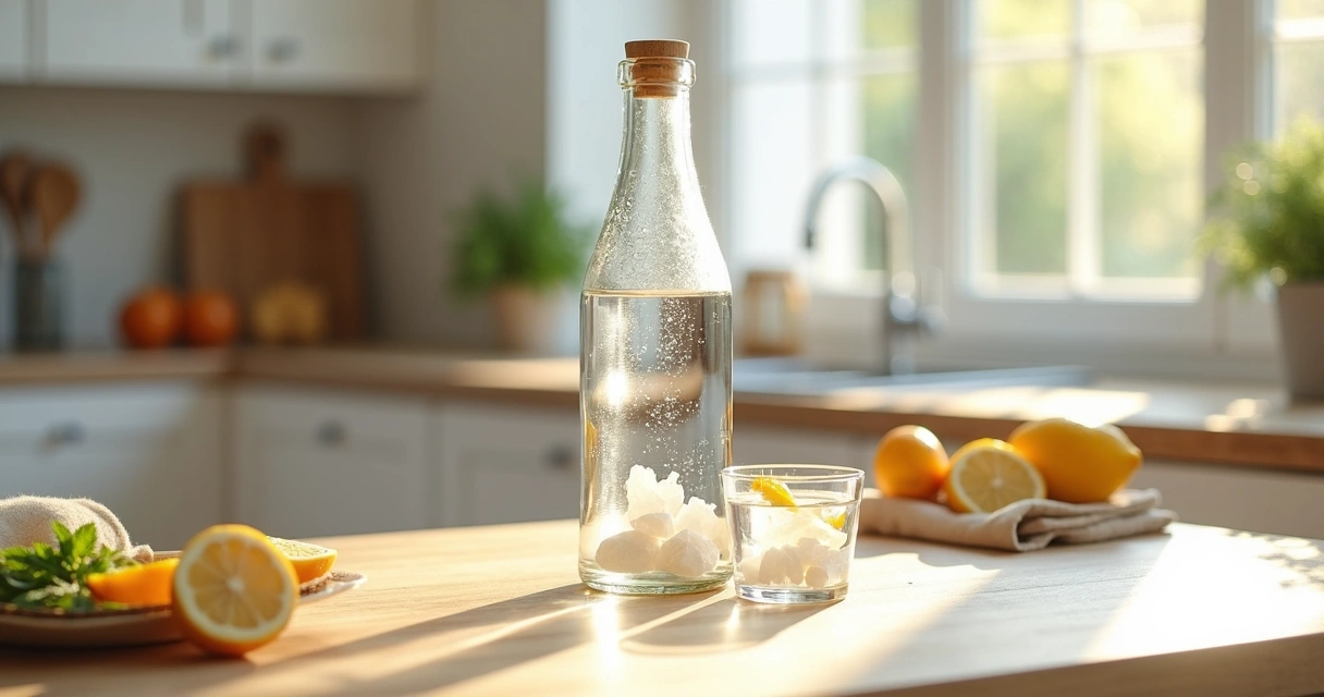 Frasco de elixir com quartzo branco ao lado de frutas cítricas em bancada de cozinha clara