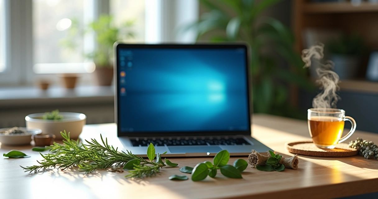 Desk with laptop and protective herbs arranged around monitor