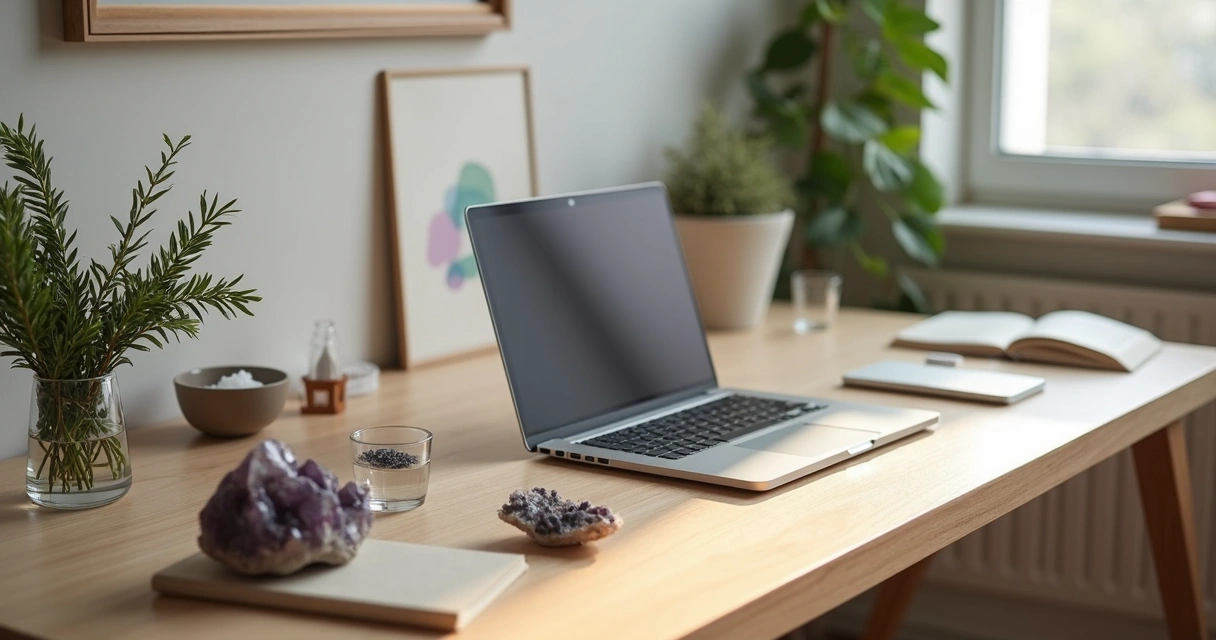 Mesa de trabalho com laptop cercada por ervas e cristais de proteção
