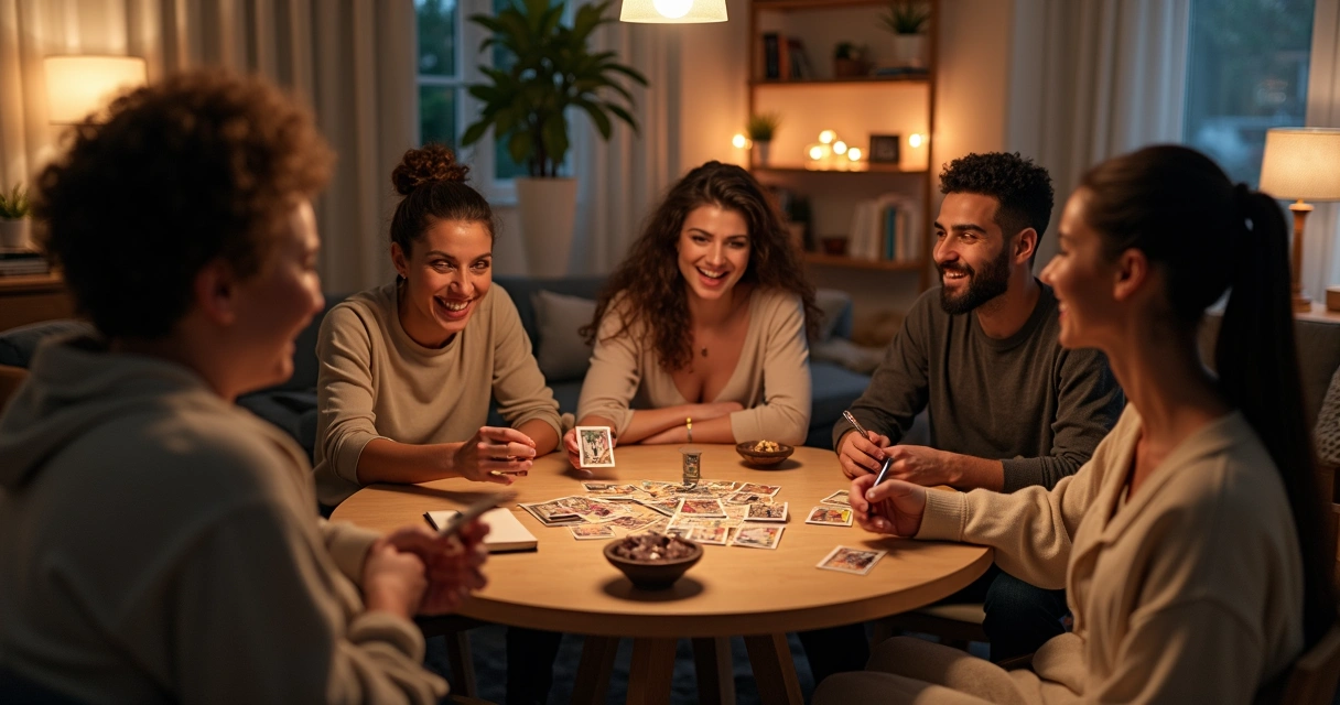 Grupo diverso de amigos rindo em círculo enquanto faz tiragem de tarot sobre mesa redonda