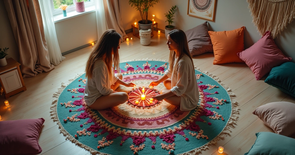 Duas irmãs sentadas no chão compondo mandala colorida em sala estilo boho