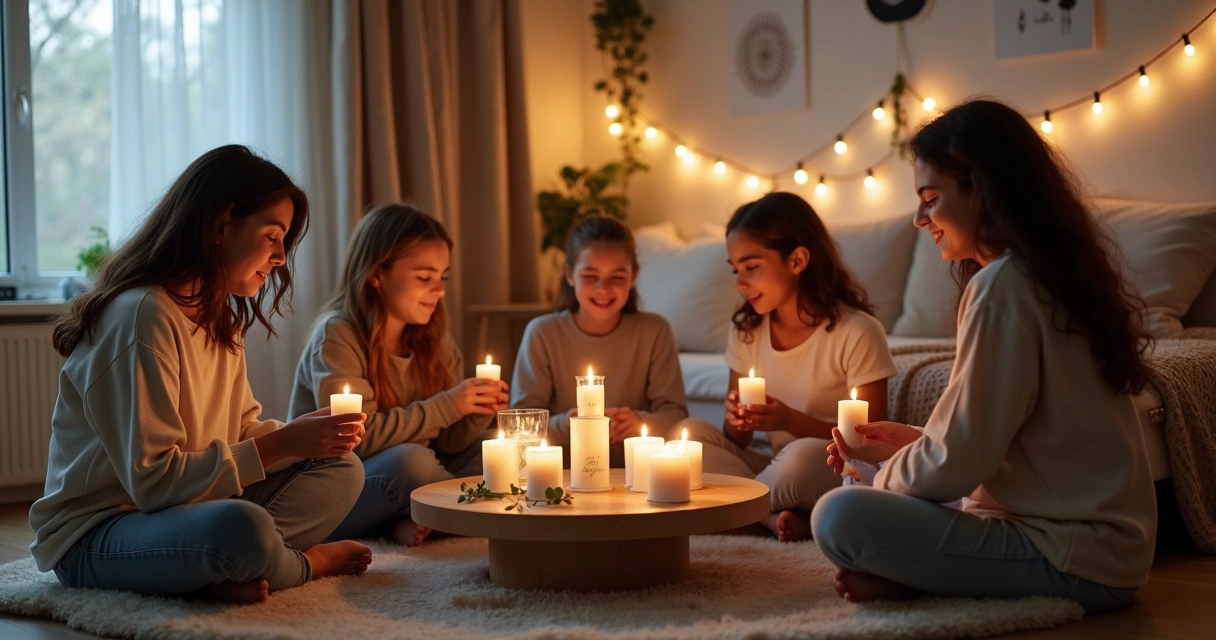 Grupo de jovens em círculo fazendo ritual simples com velas acesas