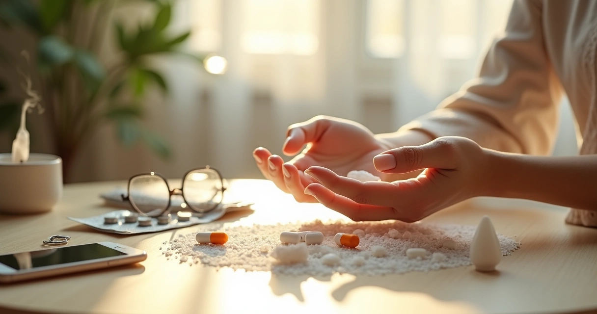 Mãos femininas realizando limpeza energética em remédios e objetos pessoais sobre mesa iluminada