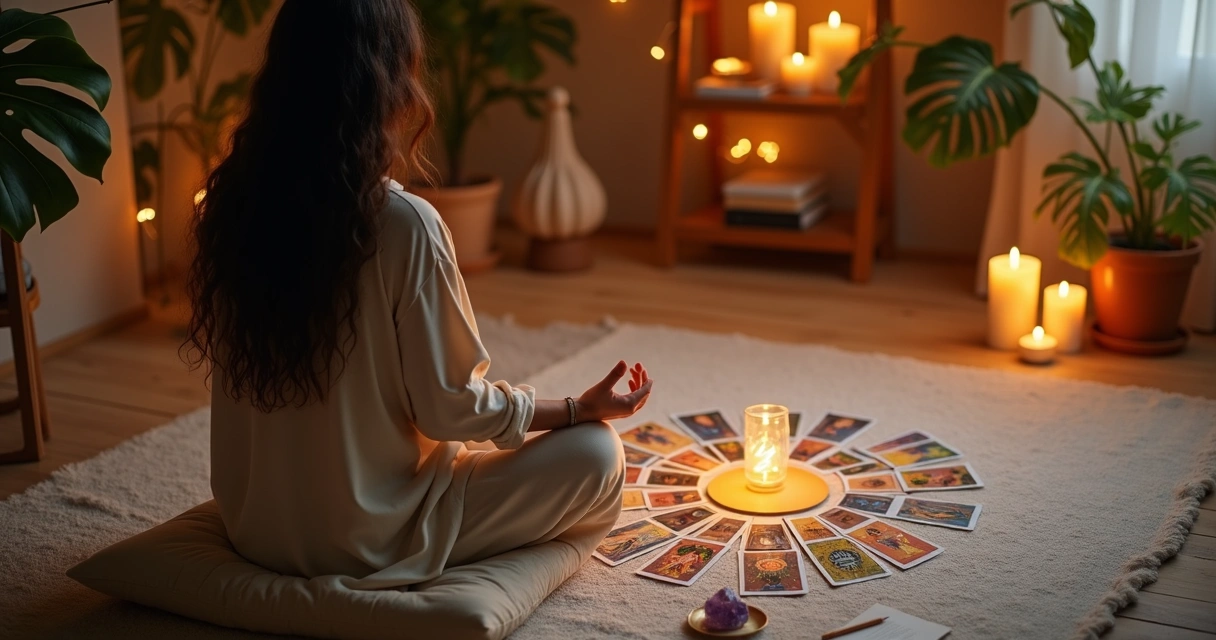 Mulher meditando em frente a cartas de tarot circular em ambiente iluminado por velas