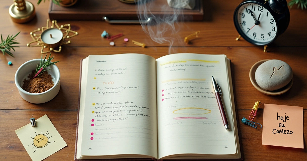 Caderno aberto com lista de tarefas ao lado de símbolos místicos de motivação
