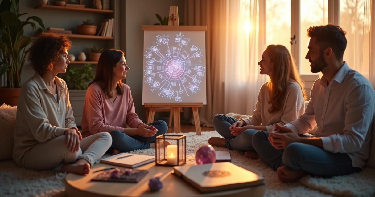 Família reunida em sala acolhedora ao redor de quadro luminoso com números