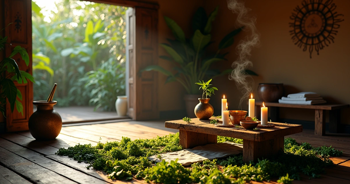 Altar para Ossain com folhas sagradas e atabaques em terreiro de umbanda