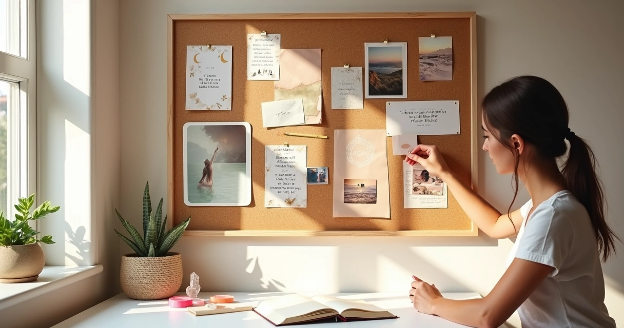 Painel de sonhos colorido com cartas de oráculo e fotos preso em parede clara
